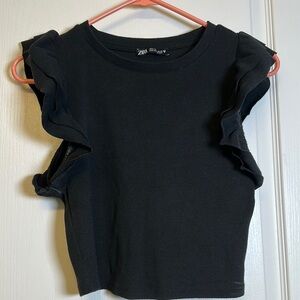 Zara Black Ruffle Cap Sleeve Top Size Large EUC #2551